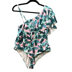 Chicwish Cold Shoulder One Piece Swimsuit Womens L‎ Pink Green Palm Print Ruffle